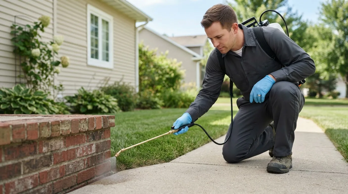 Pest control technician treating a home near Concord, VA